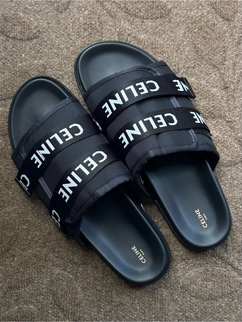 Celine Black Logo-Jacquard Canvas Sandals Men's Slide Sandals 12